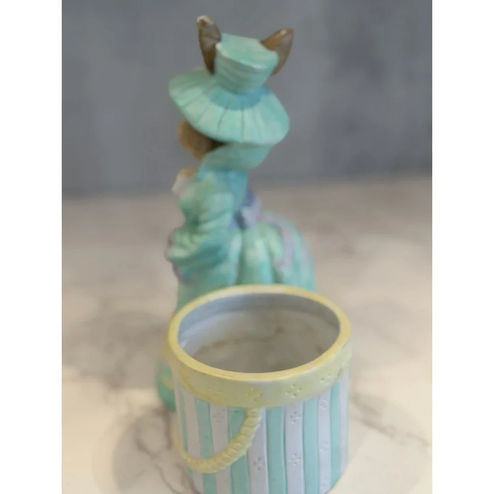 Vintage Easter Bunny Rabbit Lady Ceramic Pencil Holder Planter Pastel Aqua